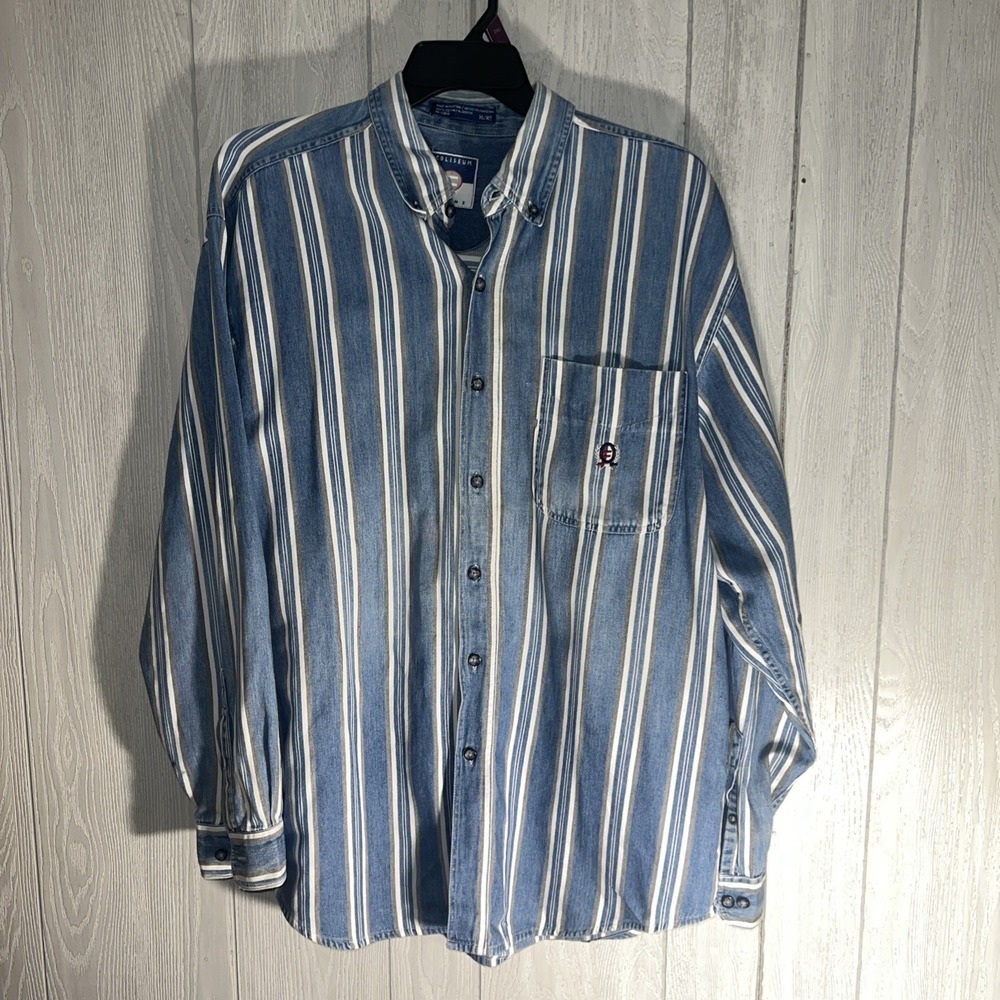 Vintage Coliseum Jeans long sleeve men's shirt Blue/Grey/White XL